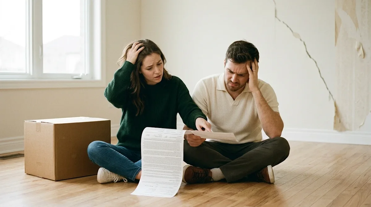 Candid lifestyle photography of a stressed young couple sitting on the floor of an empty, newly purchased house, realizing a