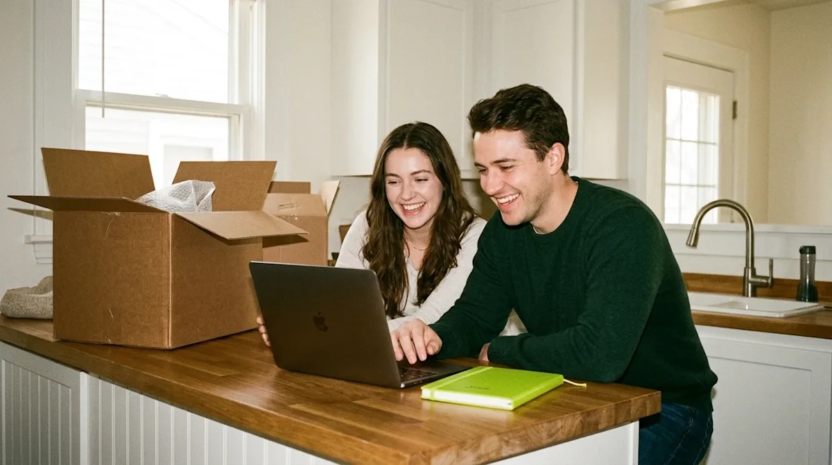 A candid, documentary-style lifestyle photograph shot on 35mm film showing a happy young couple in their new home, sitting at