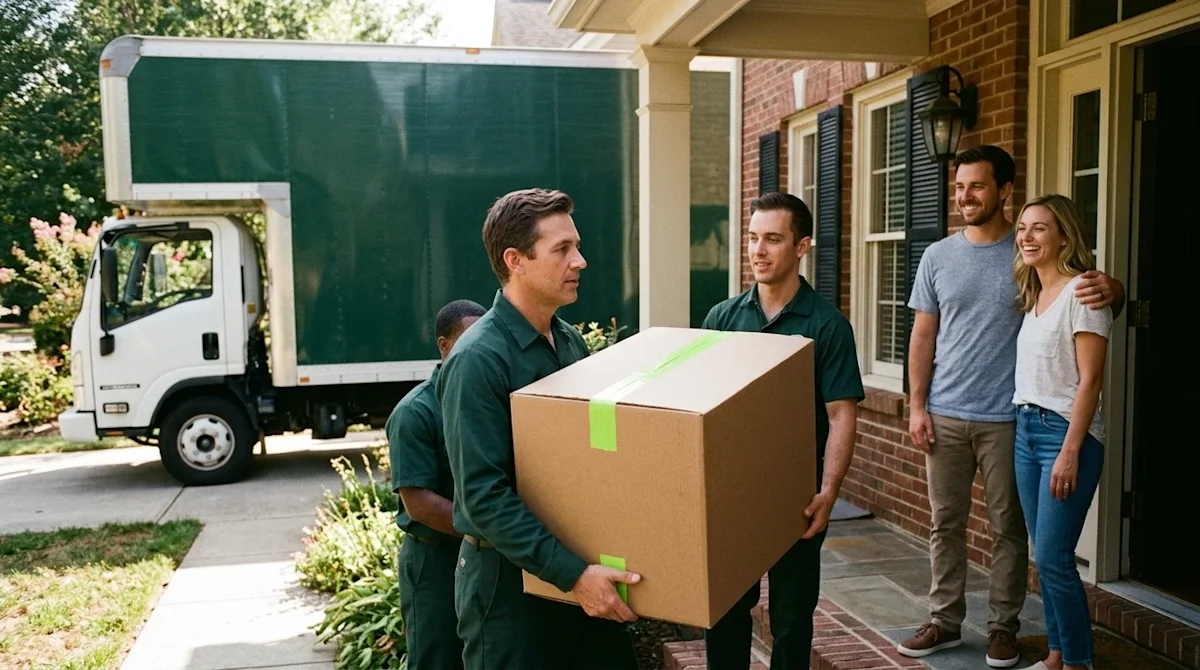 A candid, high-quality lifestyle photograph of a professional moving team helping a relieved family on moving day. Two profes