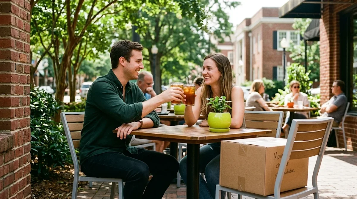 A candid, photorealistic lifestyle photograph of a happy couple relaxing at a sunny, lush outdoor cafe patio in Charlotte, No