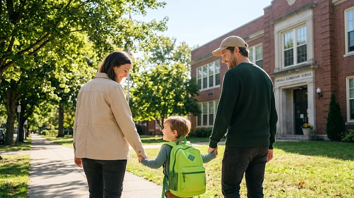 Professional marketing lifestyle photography of a joyful, relaxed family—a mother, father, and young child—walking hand-in-ha
