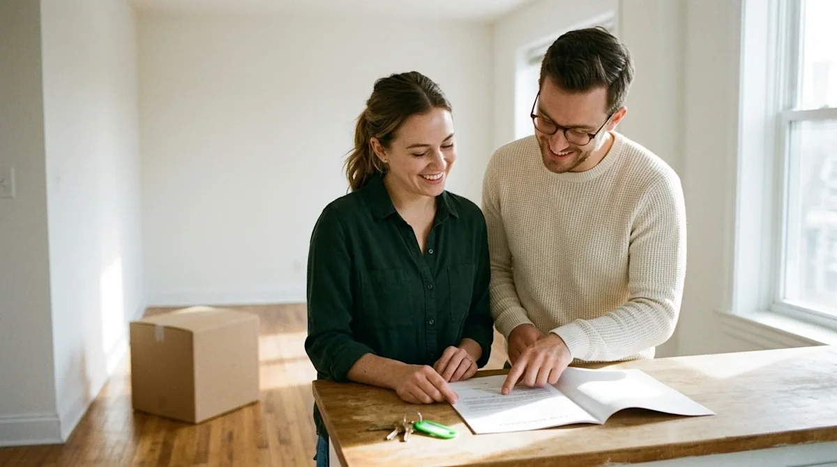 Candid 35mm film photography of a happy young couple standing in a sunlit, empty rental apartment, enthusiastically reviewing