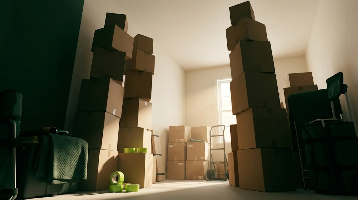 Towering stacks of cardboard moving boxes and packing supplies in a sunlit room.