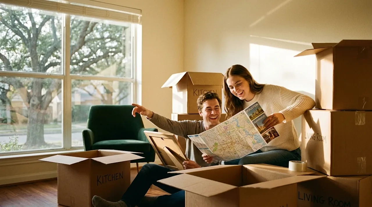 A candid, documentary-style photograph of a happy young couple unpacking cardboard moving boxes in the bright, sunlit living