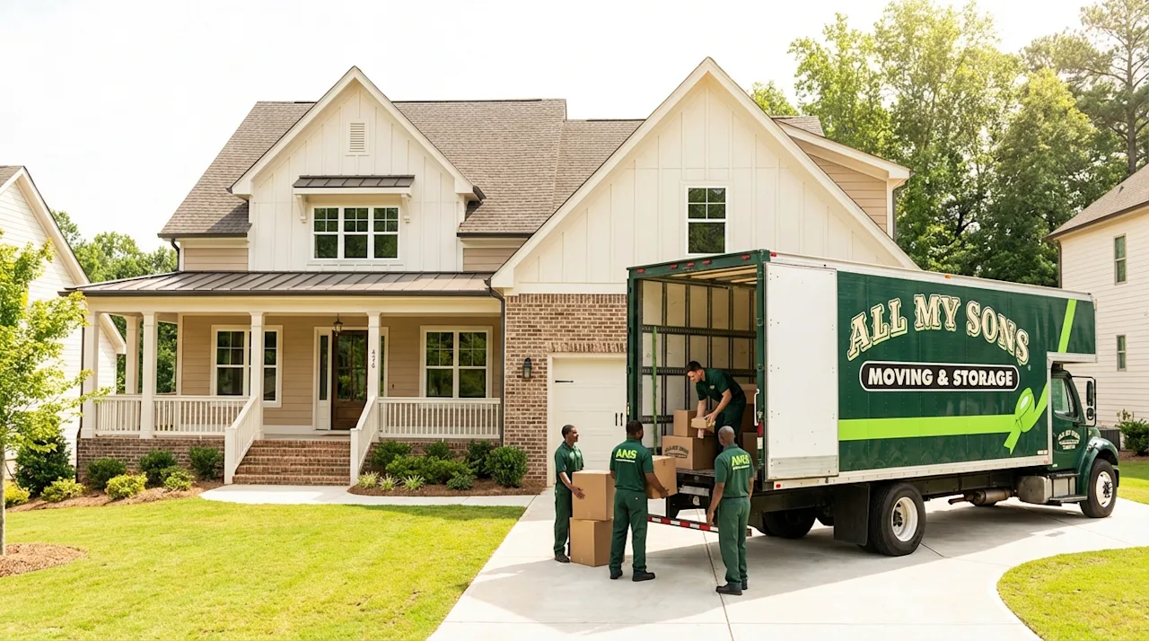 All My Sons movers unloading a truck at a new modern home in Marietta, Georgia.