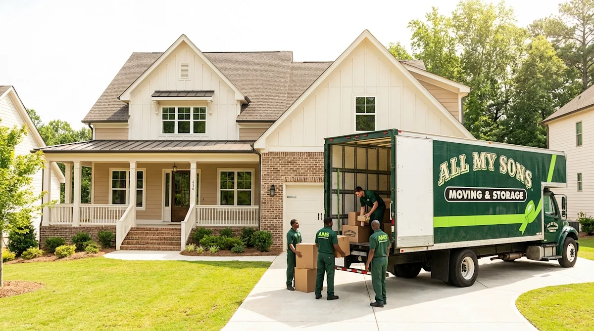 All My Sons movers unloading a truck at a new modern home in Marietta, Georgia.
