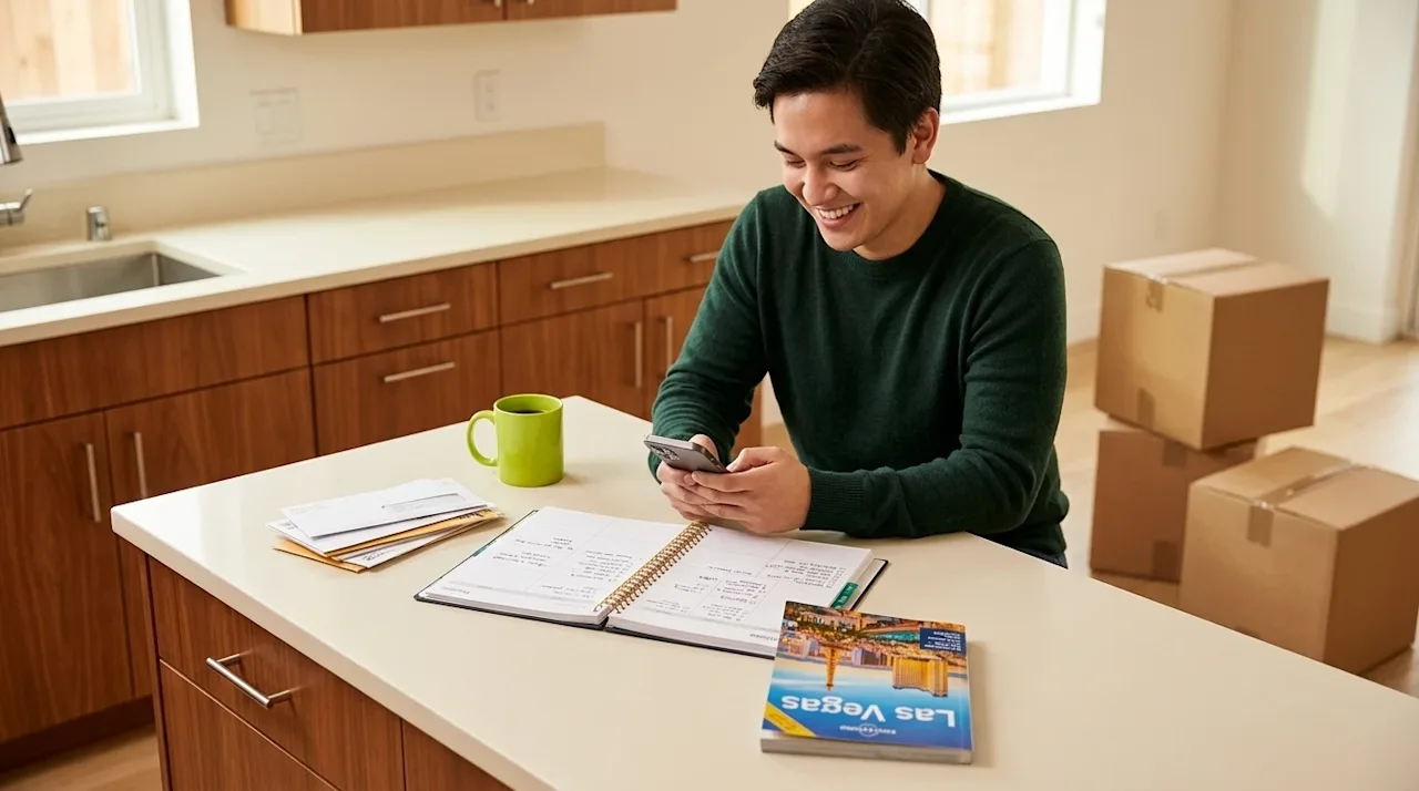 Clear, professional marketing photography of a smiling young adult sitting at a modern kitchen island with warm wood tones an