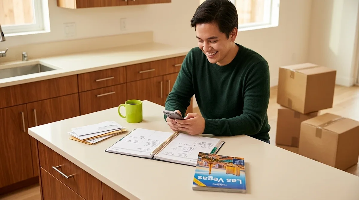 Clear, professional marketing photography of a smiling young adult sitting at a modern kitchen island with warm wood tones an
