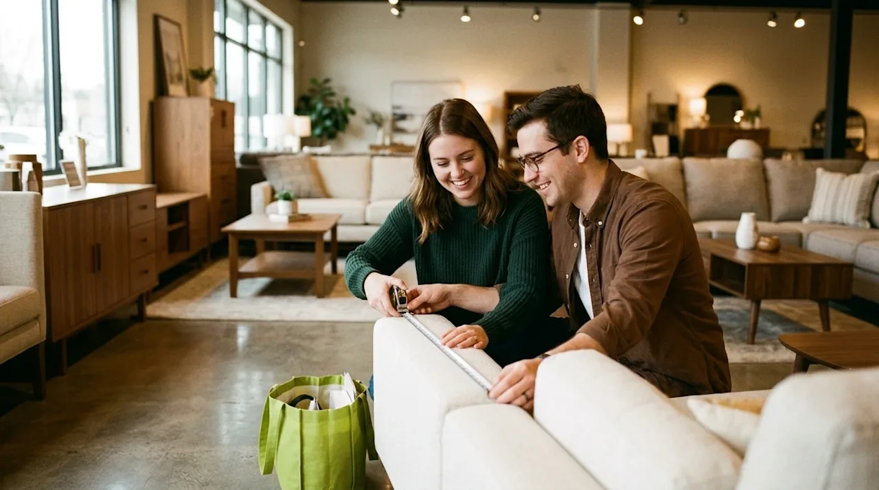 A candid, photorealistic lifestyle photograph of a young couple shopping for a sofa in a warmly lit furniture showroom. The c