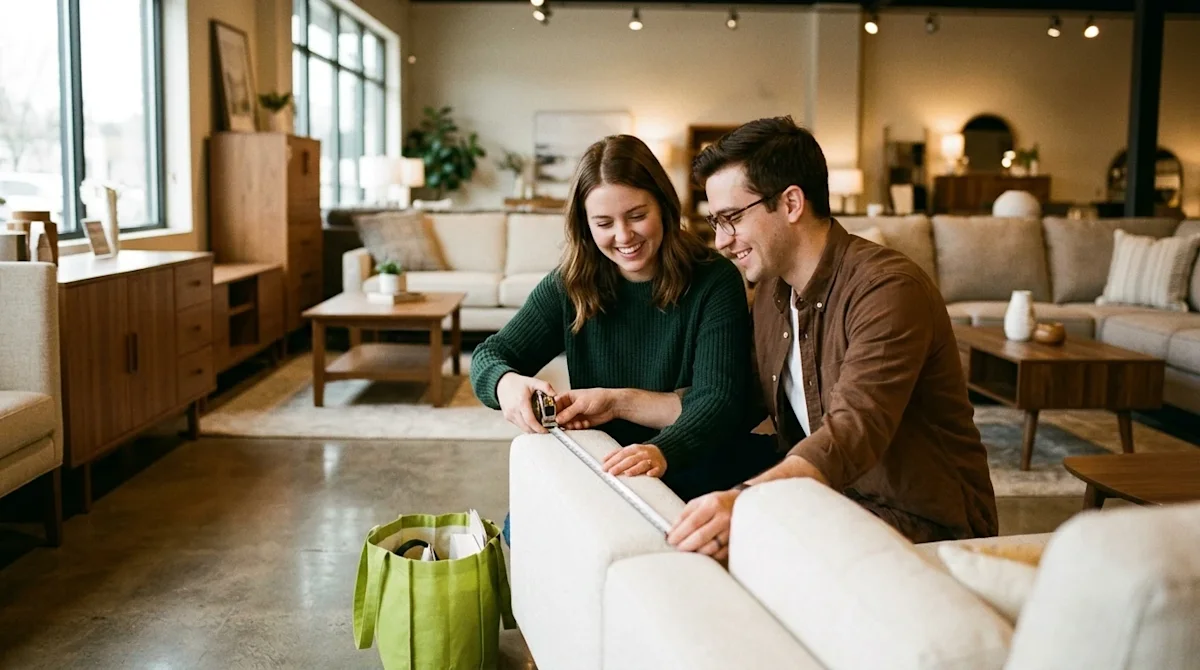 A candid, photorealistic lifestyle photograph of a young couple shopping for a sofa in a warmly lit furniture showroom. The c