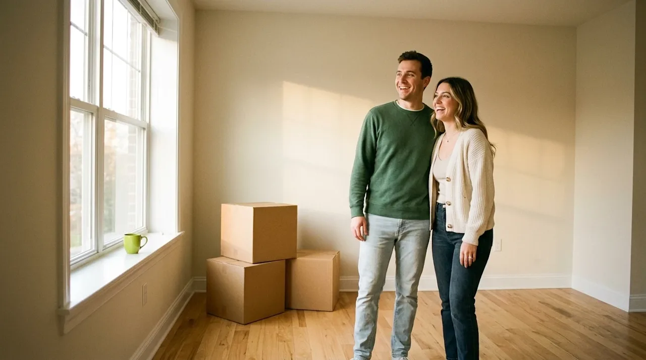 Candid lifestyle photography of a happy young couple standing together in the sunlit, empty living room of their first purcha
