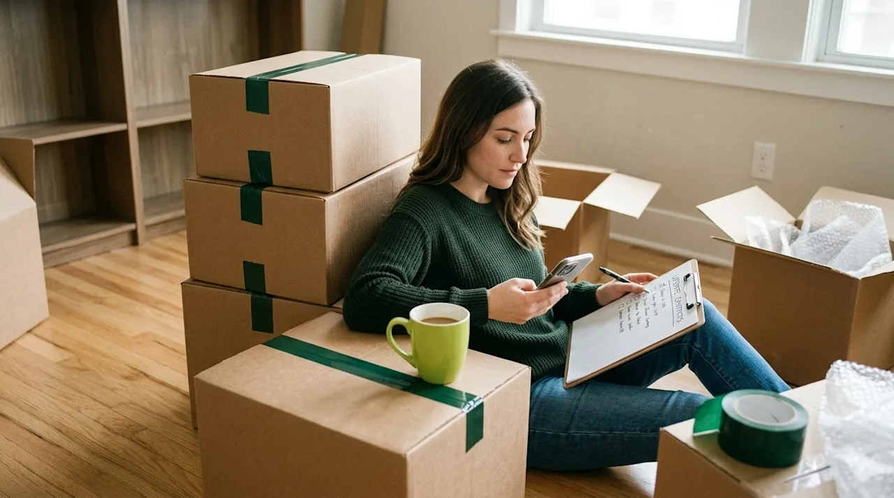 Candid lifestyle photography of a woman sitting on the floor of a partially packed living room, looking at a smartphone and h