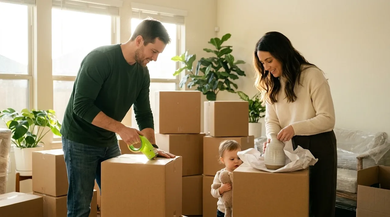 Photorealistic lifestyle photography of a family preparing for moving day in a sunlit Round Rock, Texas home. A couple is car