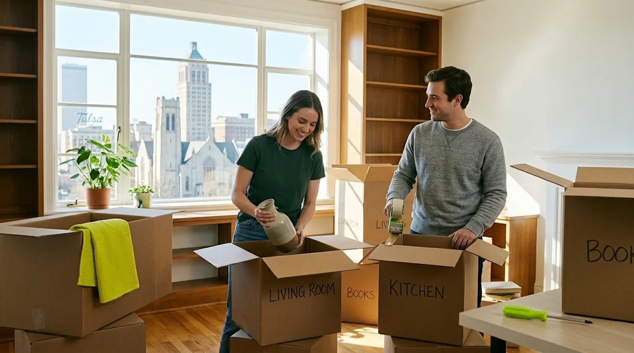 Candid 35mm film photography of a happy, relaxed couple unpacking kraft brown cardboard moving boxes in the bright, sunlit li