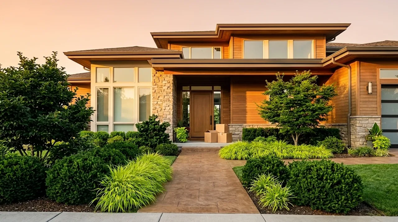 High-quality architectural photography of a stunning modern home exterior showcasing contemporary landscape design. The scene