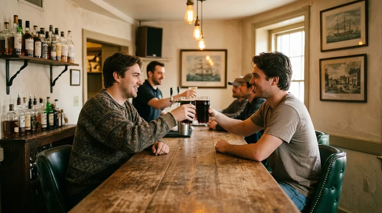 A candid, 35mm film-style lifestyle photograph of a warm and inviting historic tavern in Maryland, featuring a lively but rel