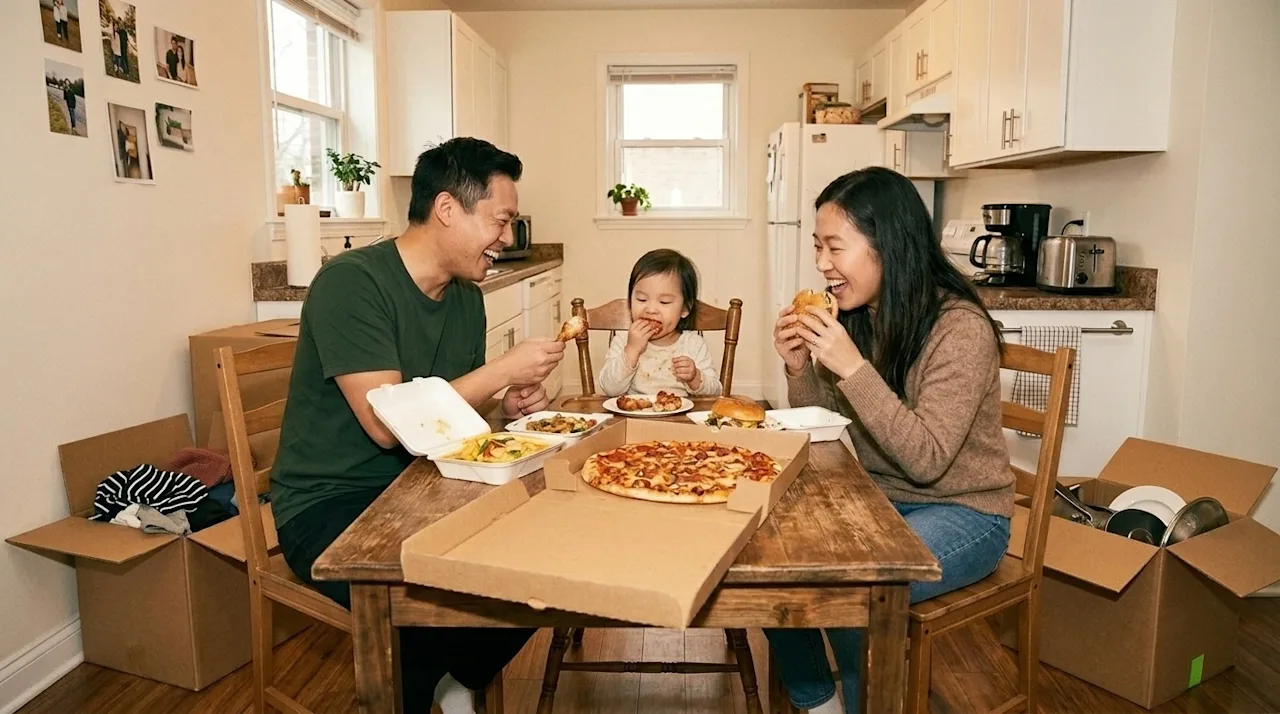 A candid, warm lifestyle photograph of a family taking a break from unpacking to enjoy a feast of delicious takeout food, sit