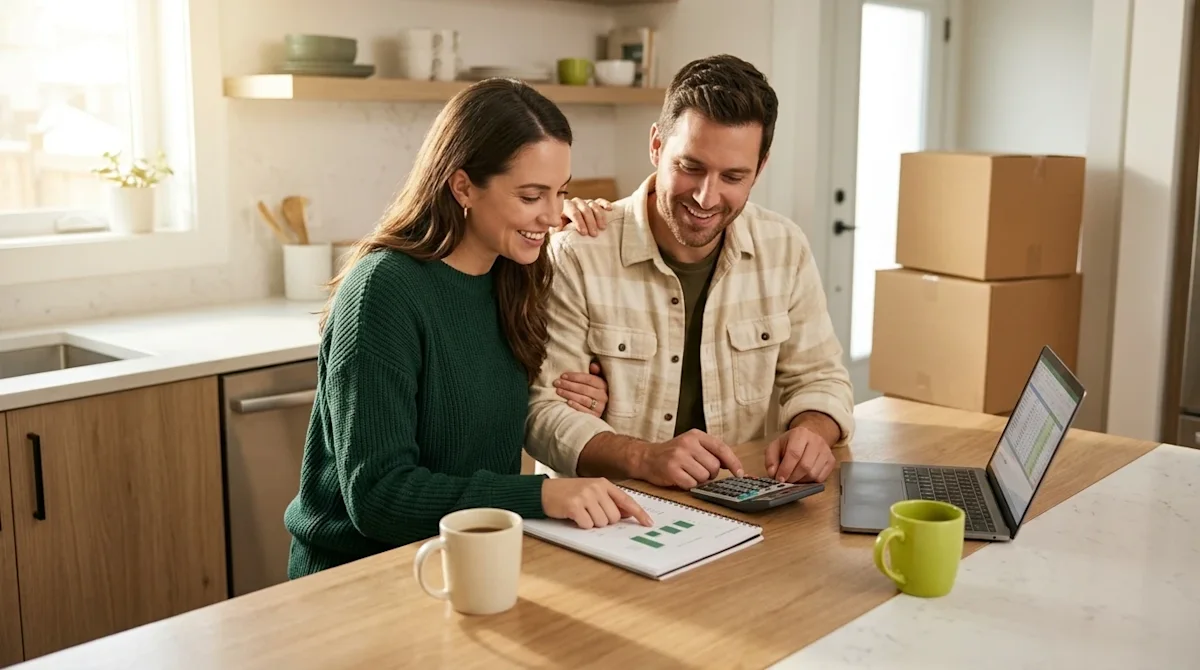 Professional marketing lifestyle photography of a happy couple sitting together at a modern wooden kitchen island, confidentl
