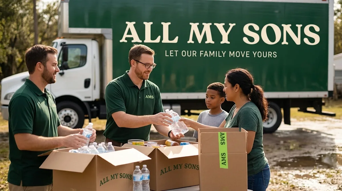 Professional marketing photography, borderless, capturing an authentic community relief effort following a hurricane. In the