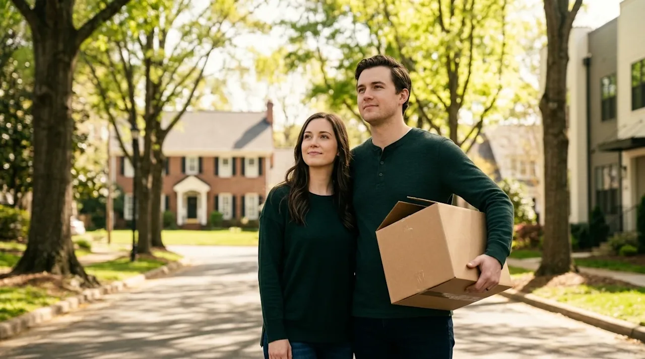 A high-quality, authentic lifestyle photograph of a thoughtful young couple standing on a lush, tree-lined street in Charlott