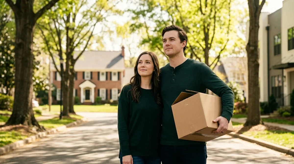 A high-quality, authentic lifestyle photograph of a thoughtful young couple standing on a lush, tree-lined street in Charlott