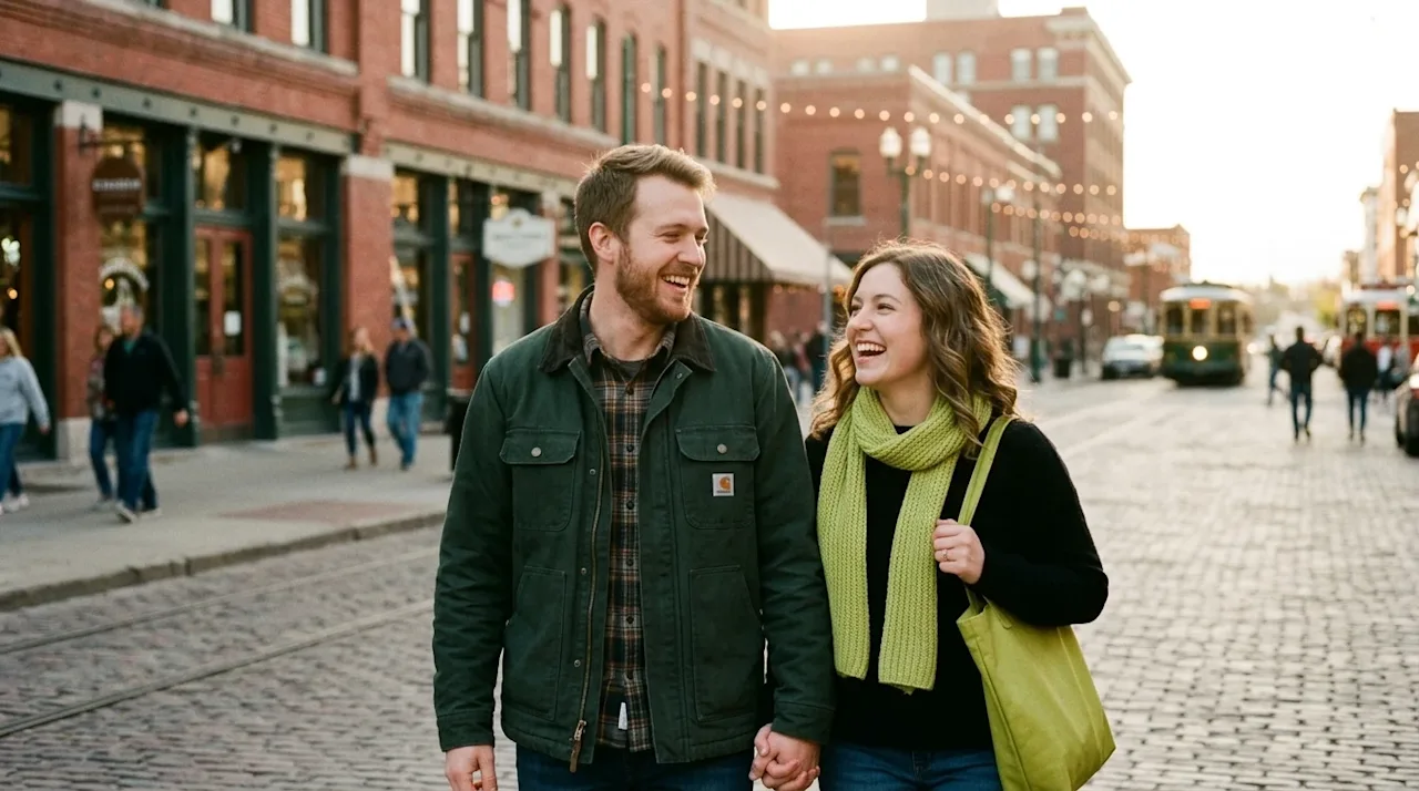 Candid 35mm lifestyle photography of a happy couple exploring the historic Old Market district in Omaha, Nebraska. They are w