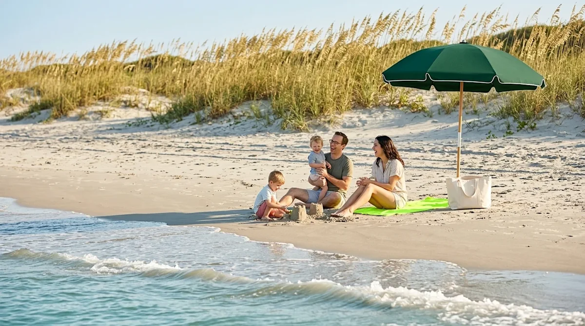 Professional lifestyle marketing photography of a serene, sunlit beach in Hilton Head, South Carolina. Gentle ocean waves rol