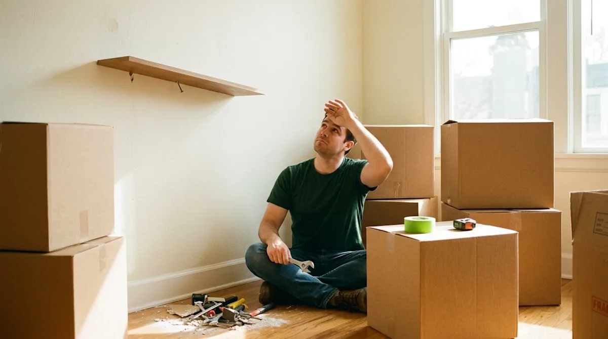 Candid 35mm film photography of a relatable DIY home repair fail during a move. A stressed homeowner is sitting on the floor