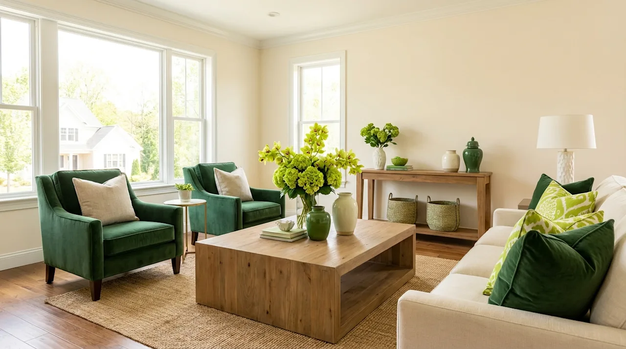 Staged living room with green velvet armchairs and natural wood furniture for professional real estate photography