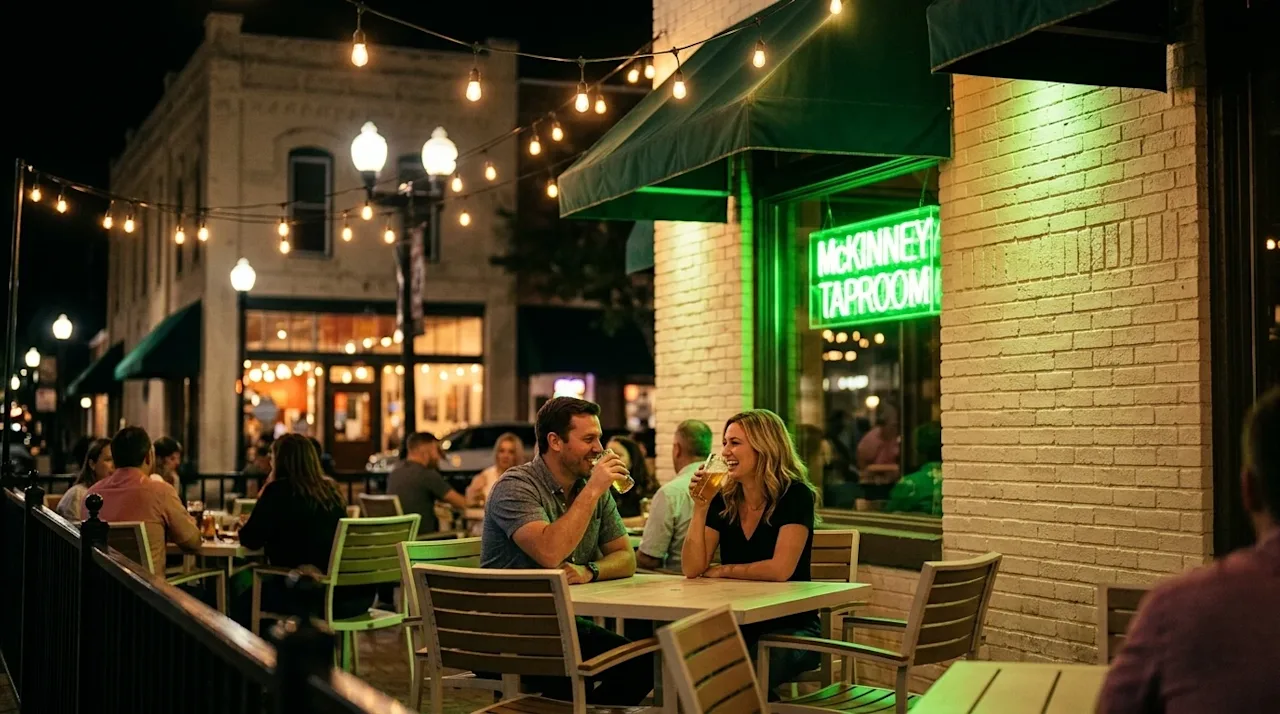 Professional lifestyle marketing photography of a vibrant nightlife scene in historic downtown McKinney, Texas. A happy coupl
