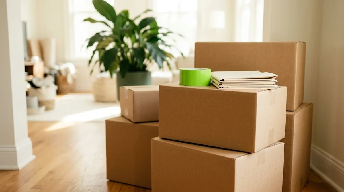 Candid lifestyle photography of high-quality, durable packing supplies neatly organized in a sunlit, welcoming home interior.