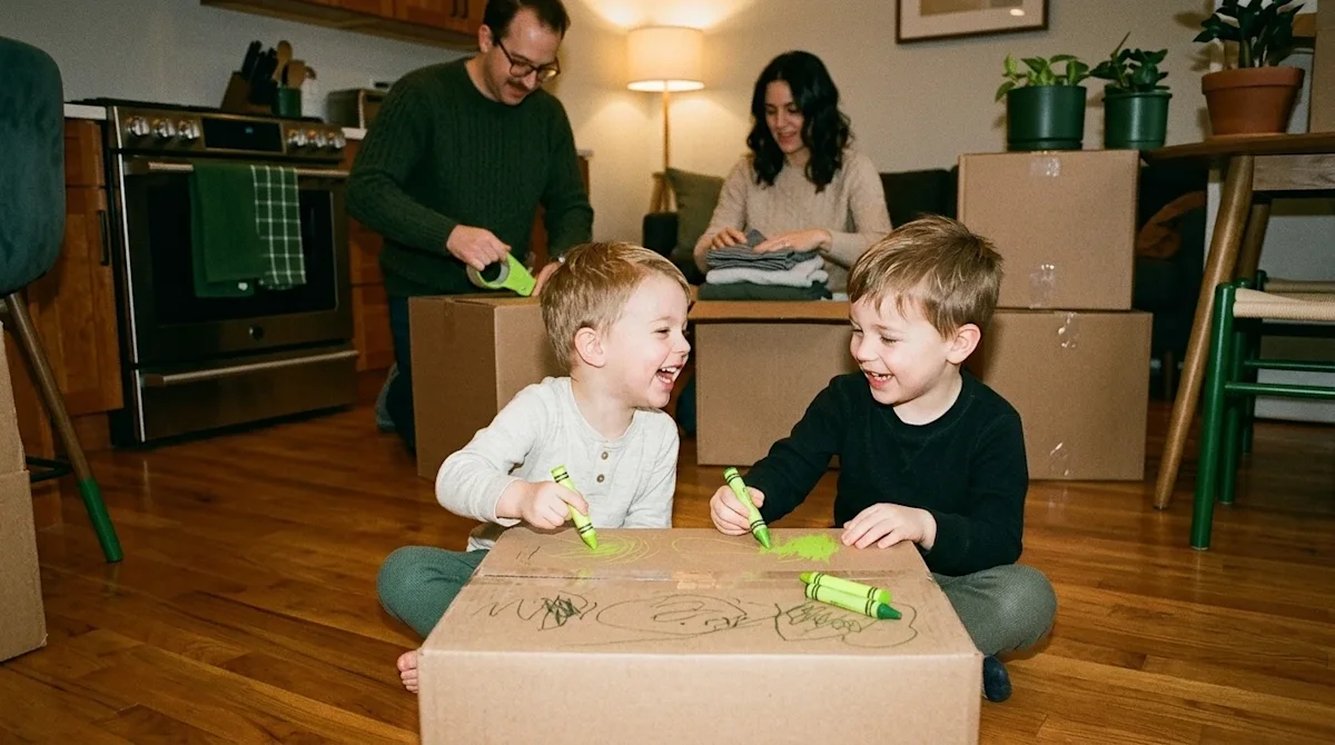 Candid 35mm film photography of two children sitting on a warm hardwood floor, happily drawing on a large beige cardboard mov