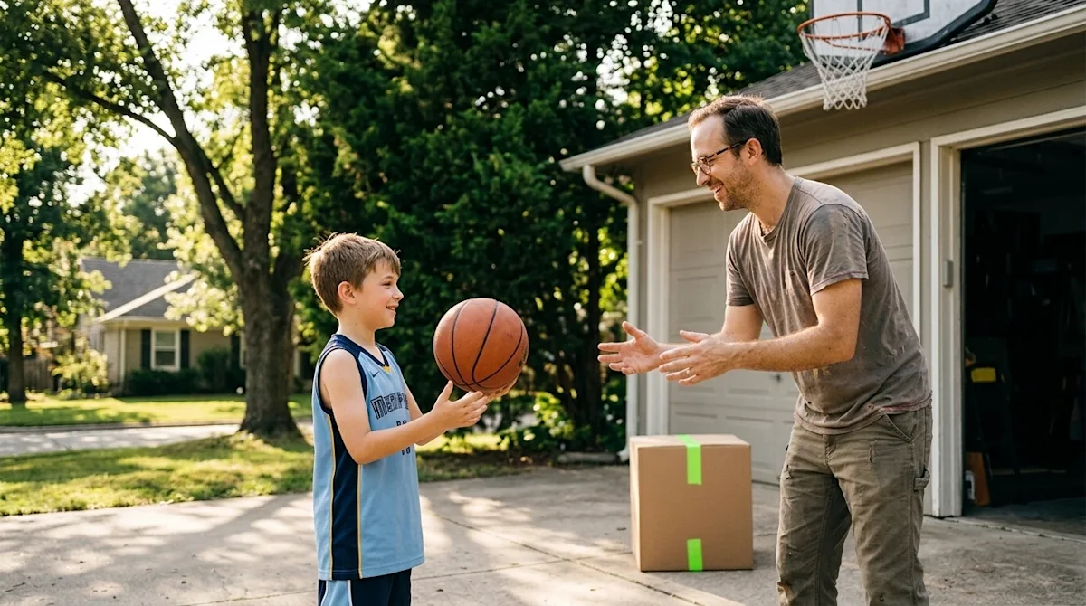 Professional marketing photography, a candid and warm lifestyle shot of a father and son taking a break on moving day to play