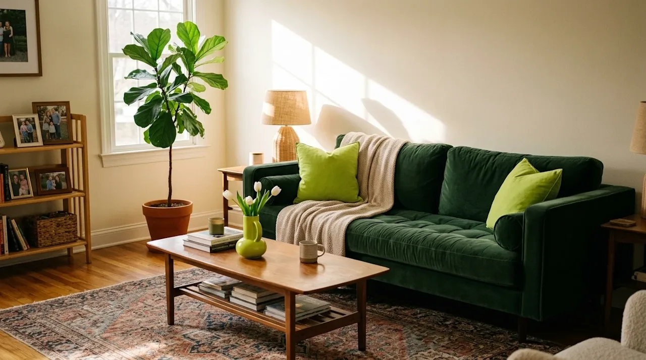 A candid, realistic lifestyle photograph of an elegantly styled, cozy living room in an Atlanta home, representing affordable