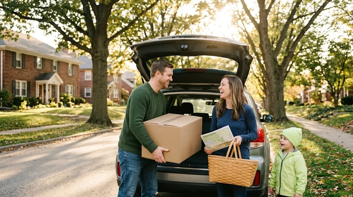 A candid lifestyle photograph of a happy young family packing the open trunk of an SUV for a weekend day trip on a sunny, tre