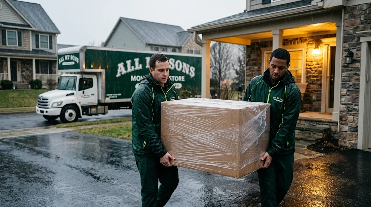 Clear and professional marketing photography. A rainy moving day scene at a residential home. Two professional movers wearing