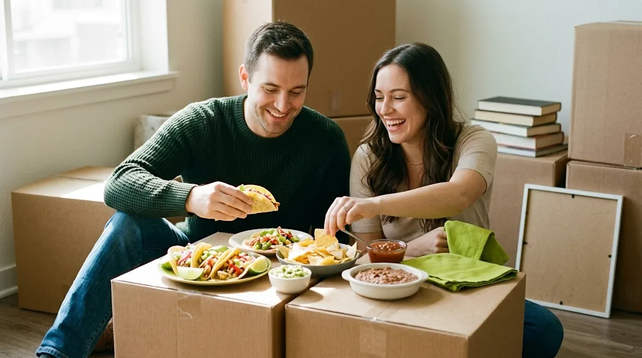 Candid lifestyle photography of a cheerful couple taking a break from unpacking in their new home to enjoy a vibrant spread o
