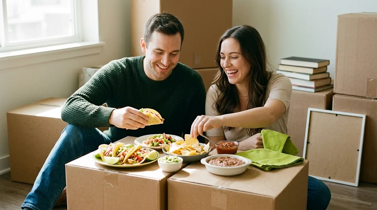 Candid lifestyle photography of a cheerful couple taking a break from unpacking in their new home to enjoy a vibrant spread o
