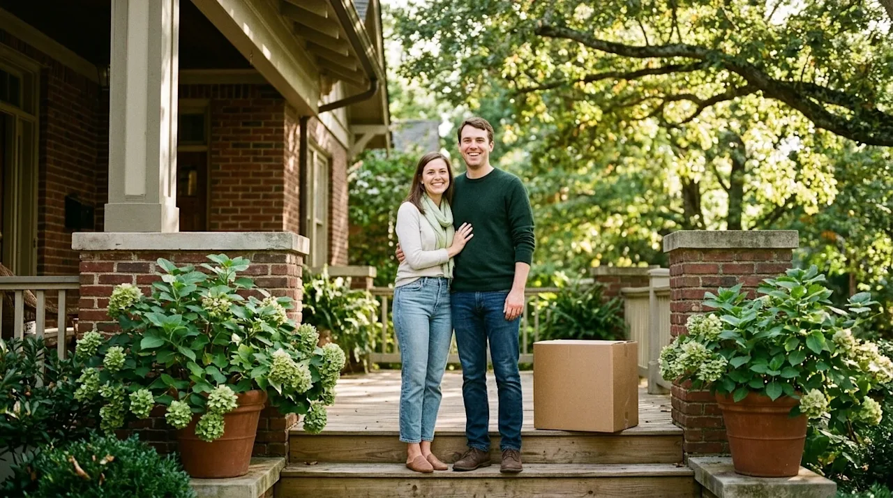 Candid lifestyle photograph of a joyful couple standing together on the welcoming front porch of a classic Atlanta brick bung