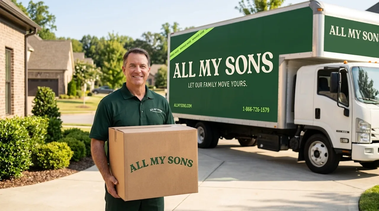 Professional marketing photography of a friendly professional mover wearing a dark forest green uniform polo shirt standing c