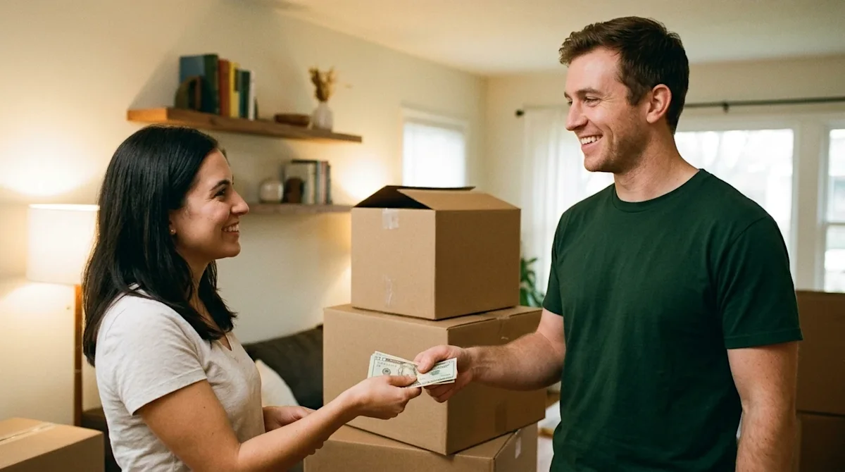 A candid, authentic lifestyle photograph of a friendly customer happily handing a cash tip to a smiling moving professional t