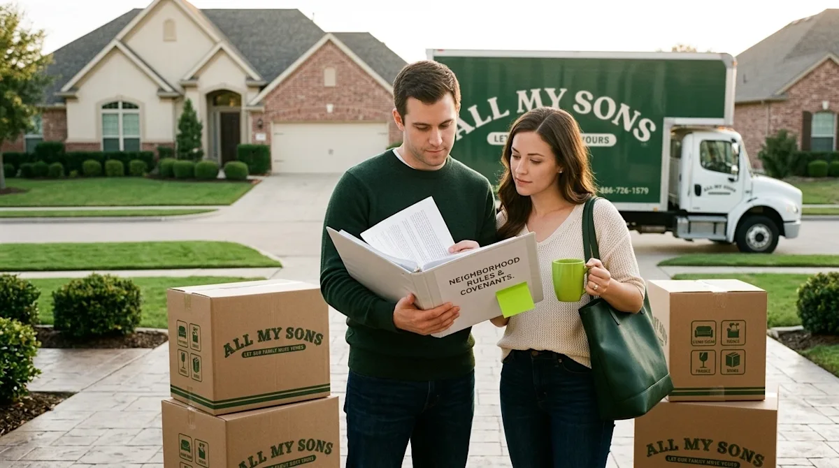 A candid, realistic lifestyle photograph illustrating the concept of moving into a strict Homeowners' Association neighborhoo