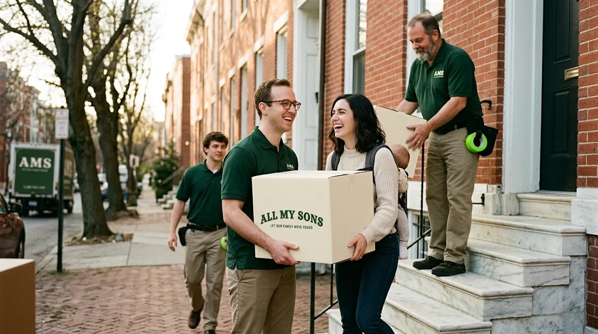 Candid lifestyle photography of a stress-free move to Baltimore. A happy couple stands on the iconic white marble steps of a