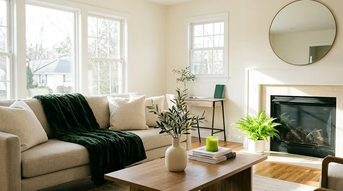 A high-quality lifestyle photograph of a beautifully staged, pristine living room perfectly prepared for a real estate open h