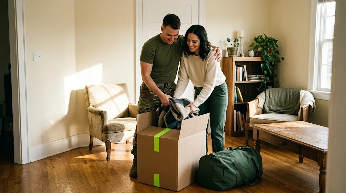 Candid 35mm film photography of a military service member in an olive green t-shirt and camouflage trousers alongside their s