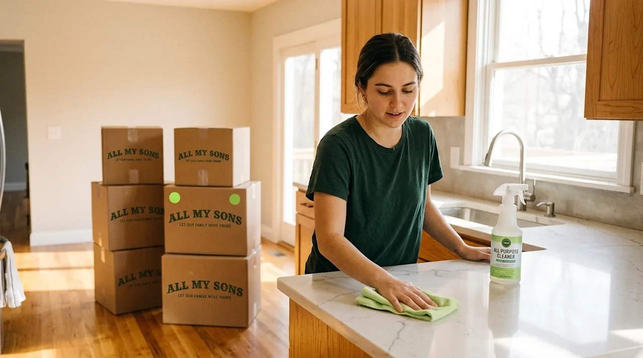 Candid, documentary-style 35mm film photography of a person cleaning a bright, freshly emptied kitchen in a new home. A young