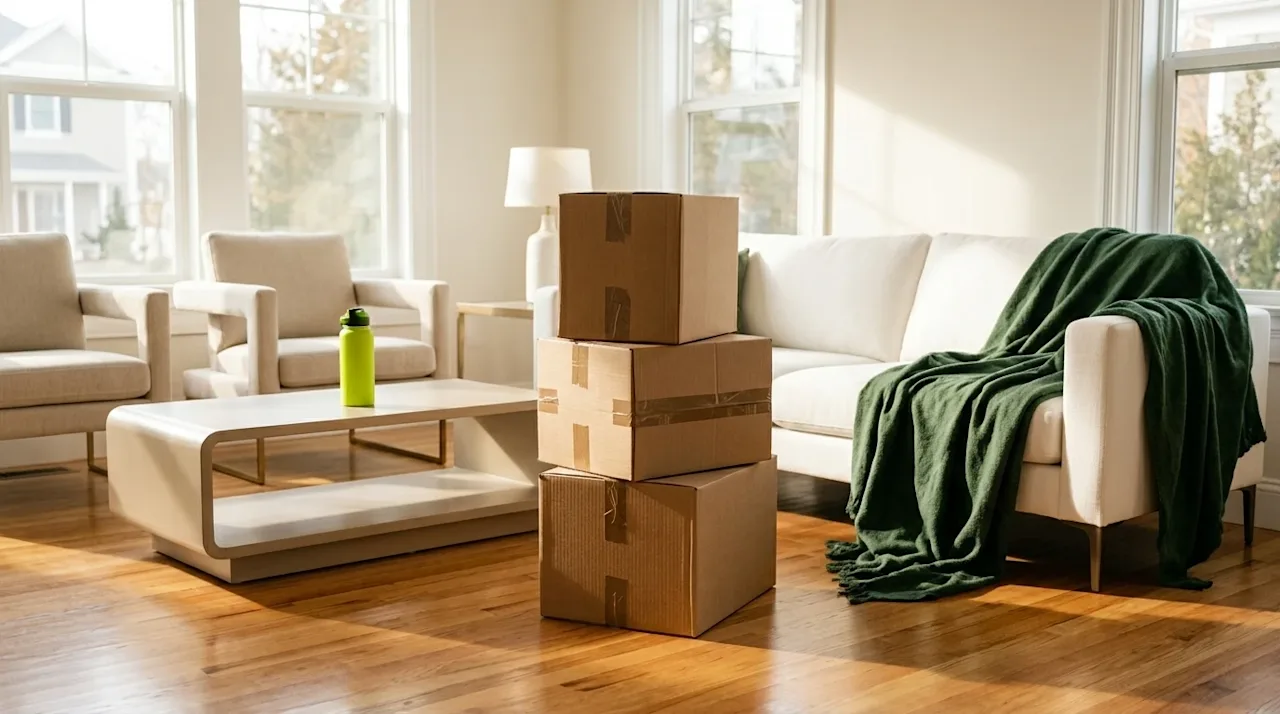 Professional marketing photography of a bright, sunlit living room prepared for an open house, but featuring a noticeable sta