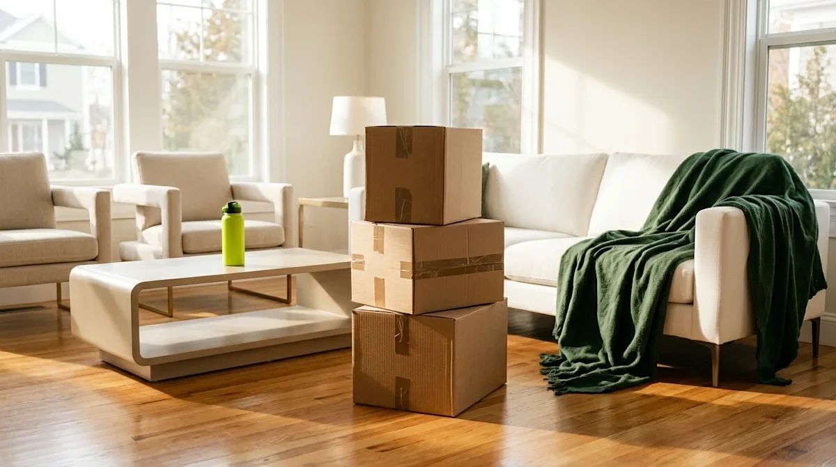 Professional marketing photography of a bright, sunlit living room prepared for an open house, but featuring a noticeable sta