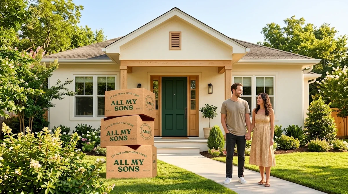 Professional marketing photography of a beautiful, trendy suburban home exterior on a bright, sunny summer afternoon, represe