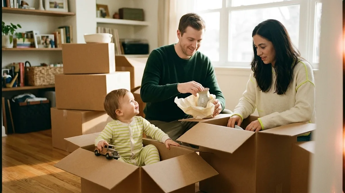 A candid, authentic lifestyle photograph of a young family preparing for a move, captured with a warm, nostalgic 35mm film ae